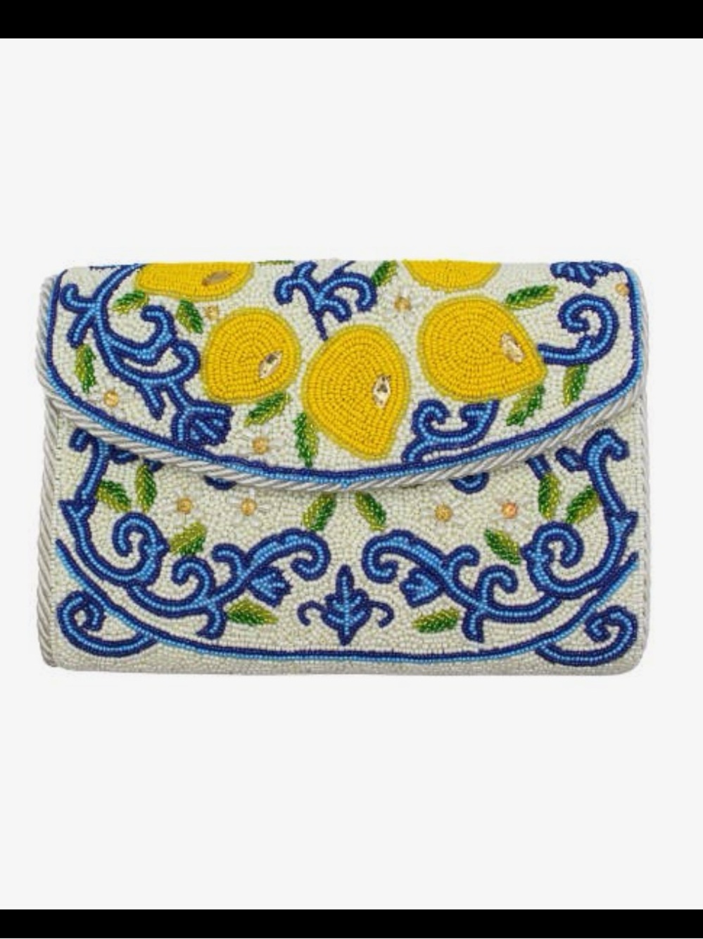 NWT Hand-Beaded Lemon and Blue Detailed Clutch Purse Gold Chain Strap